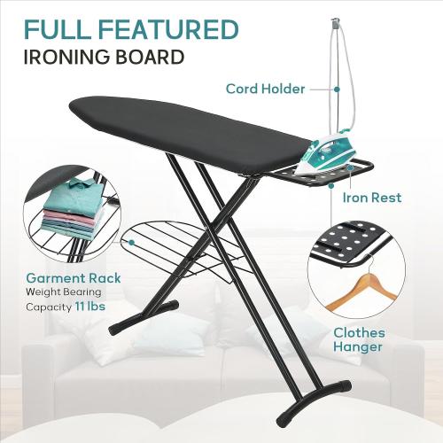 Ironing Board 48x15 in, RAINHOL Large Heavy Duty Ironing Boards Full Size with Pad and Cover, Height Adjustable Iron Stand with Storage Tray and Iron Rest, Black