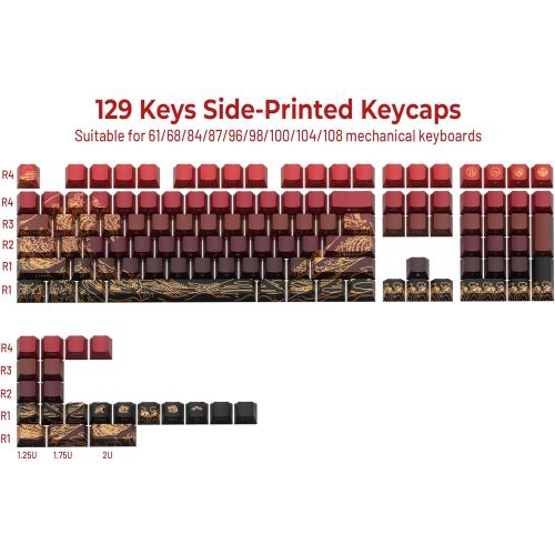 XVX Shine Through Keycaps - Double Shot PBT Keycaps 60 65 75 100 Percent, Side Print Key caps Custom 129 Keys Set, Dye Sub Wave of Kanagawa Key caps for Mechanical Keyboards, Red