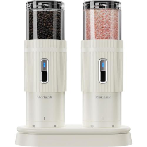 Upgraded Larger Capacity Electric Salt and Pepper Grinder Set, Rechargeable Salt and Pepper Grinder Set with Charge Base, Adjustable Coarseness, Efficient Kitchen Gadgets, Beige