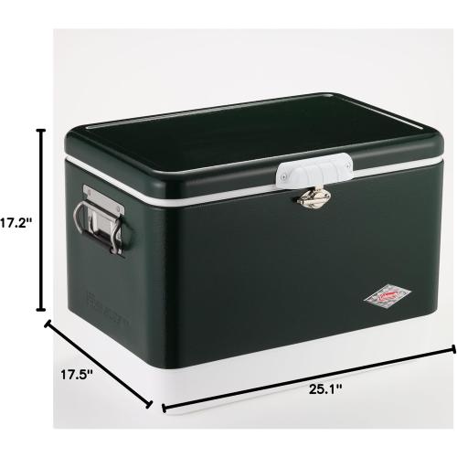 Coleman Vintage 54qt Steel Belted Cooler, Keeps Ice Up to 4 Days, 85-Can Capacity Hard Cooler with Drain & Have-A-Seat Lid has a few dents on lid and front