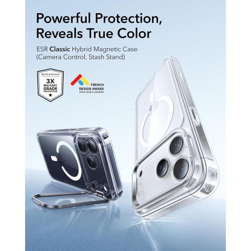 ESR for iPhone 17 Pro Max Case with Stash Stand, Camera Control Cover Compatible with MagSafe, Military-Grade Drop Protection for iPhone 17 Pro Max Phone Case, Scratch-Resistant Back Cover, Clear