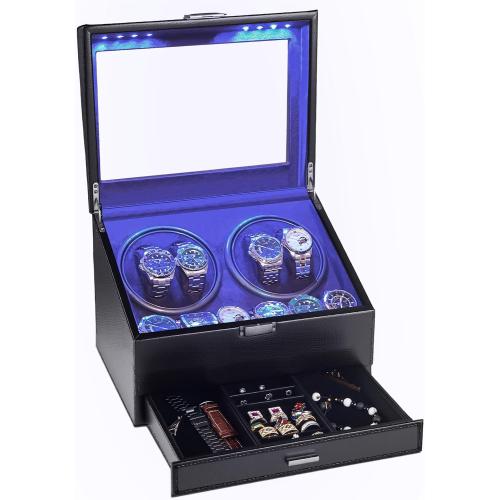 J&T Technology 4 Watch Winder with 6-Slots Watch Storage and Jewelry Drawer | 3-in-1 Storage System,Auto-Winding,Extra Storage,Jewelry Case,Japanese Quiet Motor with 4 Programmable Modes,LED Light