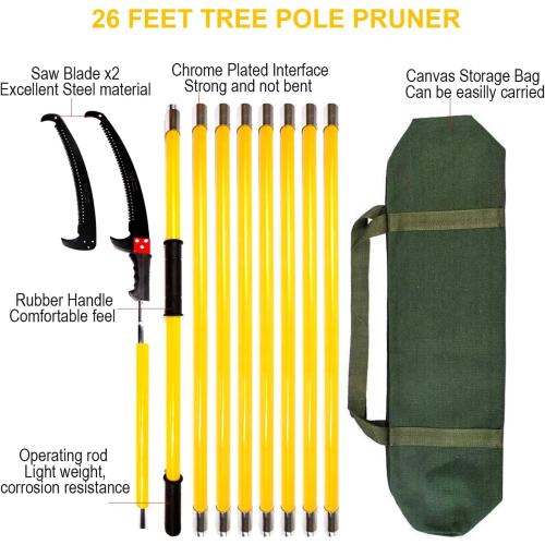 30 Feet Tree Pole Pruner, Durable Tree Trimmers Handle, Manual Branches Trimmer for Garden Tools Loppers Hand Pole Saws Extendable Height with Knives and Storage Pocket