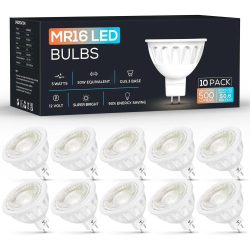 White 10pack Torkase MR16 LED Bulb Dimmable,GU5.3 Bi-Pin Base MR16 LED Bulbs,5W(50W Equivalent),Outdoor Landscape 12V Low Voltage Light Bulbs,3000K Soft Warm White Recessed Tracking Spot Lights,UL Listed-10Pack