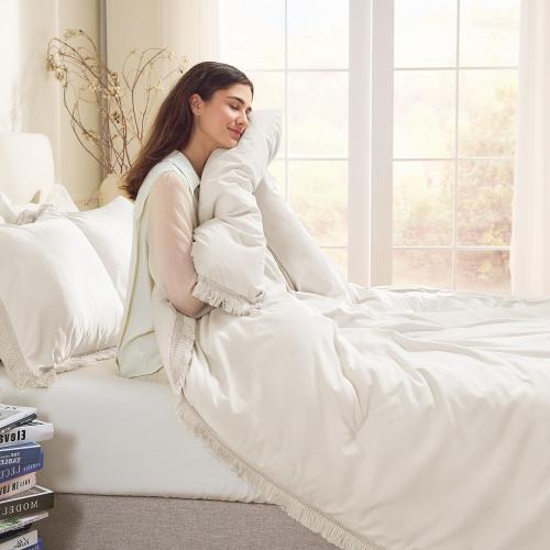 Andency Comforter Set Oversized King Beige 120x120, 3 Pieces Boho Fall Tassel Lightweight Bedding Comforter Sets, All Season Soft Bed Set (1 Comforter & 2 Pillowcases)