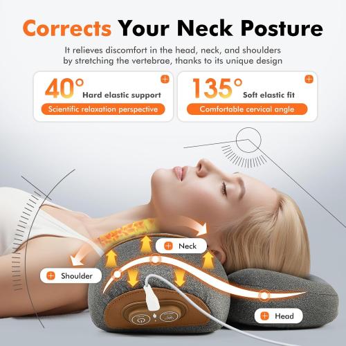 Neck Pillow - 3-in-1 Neck Pillow with Battery, Travel Neck Massage Pillow for Shoulder Pain Relief, Deep Tissue Pain Relief with Heat and Stretching, Neck Hump Corrector for Women