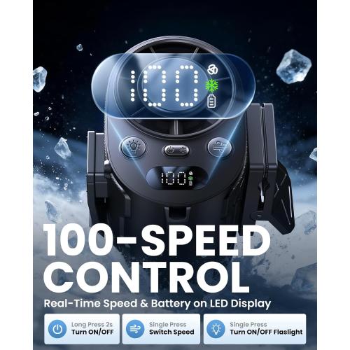 Portable Waist Fan with Ice Cooling, 4-in-1 Clip-On Fan for Car/Shirt/Hat/Belt, 16000RPM Strong Airflow, 12H Runtime, 100 Speed Settings, Wearable Fan for Outdoor Work, Camping, Travel Black