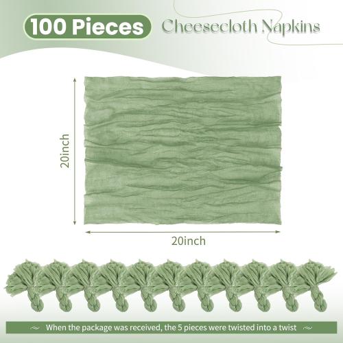 100 Pack Sage Green Napkins Cheesecloth Napkins 20x20 Inch Rustic Boho Gauze Napkin Cloth Bulk Washable Dinner Table Napkin for Wedding Party Bridal Baby Shower Table Decor(Sage Green)