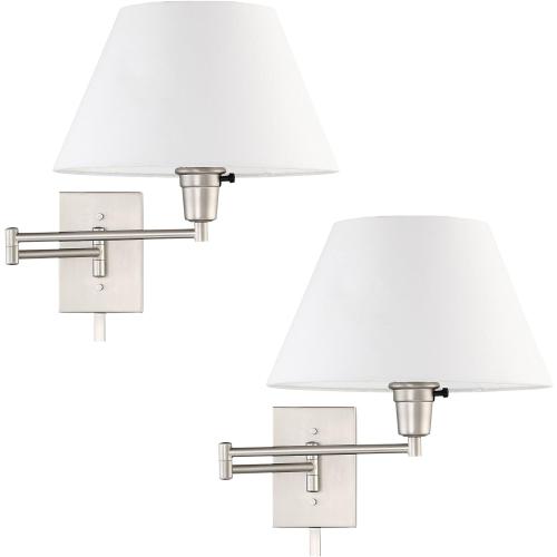 Modern Swing Arm Wall Sconce   3-Way Switch, 2-Pack | White Empire Fabric Shade, 2-in-1 Plug In or Hardwired Bedroom Wall Lamp, Satin Nickel Finish