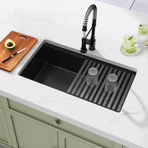 Black Undermount Kitchen Sink,16 Gauge Stainless Steel Sinks,Single Bowl Workstation Sink,Modern Kitchen Sink Offset Drain (33 X 18)