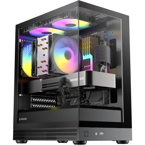 Okinos Aqua UNO Micro ATX Case, No Radiator Support, Max GPU Length 309mm, Quick-Release Panoramic Tempered Glass Front & Side, 3x120mm ARGB Fans Pre-Installed, Type-C 5Gbps, Black