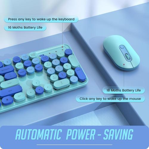 Wireless Keyboard and Mouse, LIZRROT Silent Keyboard Mouse Combo, Full-Sized Colorful Typewriter Keyboard with Round Keycaps, 2.4G Cute Mouse Compatible with PC/Laptop/Computer(Blue)