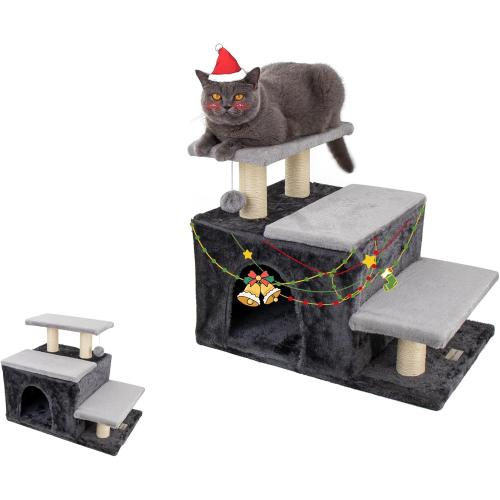3-in-1 Pet Stairs for Cats for High Bed, Adjustable Dog Steps, Modular 3-Tier, Cushioned Steps & Big Cat Condo, Adjustable Entrance, Dangling Ball, for Kittens, Senior & Fat Cats (Grey, Large)