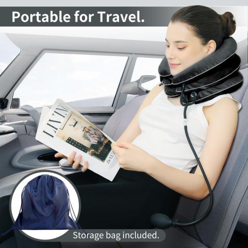 Cervical Neck Traction Device for Neck Pain Relief - Inflatable Neck Stretcher Collar for Decompression - Best Home Use Neck Brace Pump (Black Plush)