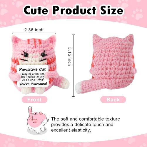 Positive Crochet Cat Mini Animal Emotional Cheer Up Support Gifts, Inspirational Crochet Handmade Kitten for Women Men Friends Mom Daughter Son Teen Birthday Mothers Day Decor Graduation Gift (Pink)