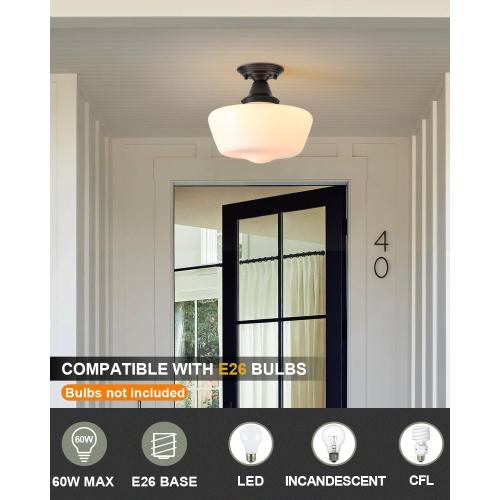 Schoolhouse Light Fixture, 12 Inch Black Finish with Milk Glass Semi Flush Mount Ceiling Light, Ceiling Light Fixture for Kitchen Hallway Entryway