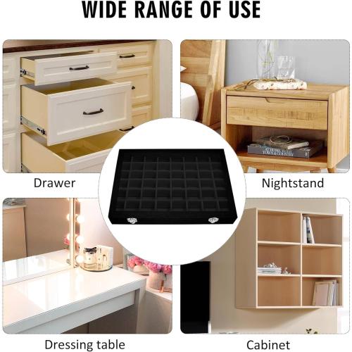 Velvet Jewelry Tray 48 Grid Jewelry Display Tray Organizer Box with Transparent Lid Rings Earrings Necklaces Pendants Display Box Suitable for Women and Girls (Black)