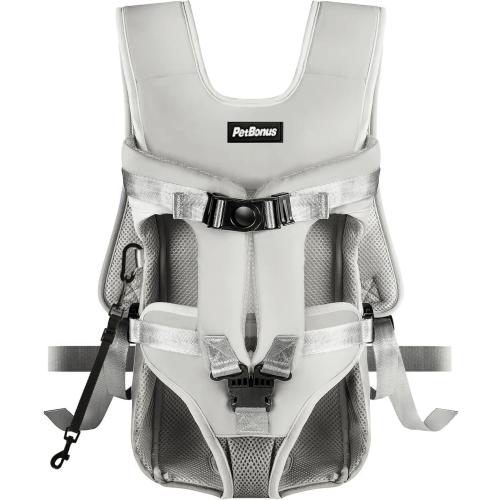 PetBonus Pet Front Dog Carrier Backpacks, Adjustable Pet Backpack, Legs Out Easy-fit Puppy Chest Carrier for Medium Small Dogs, Hands Free for Hiking, Cycling (Grey, M)