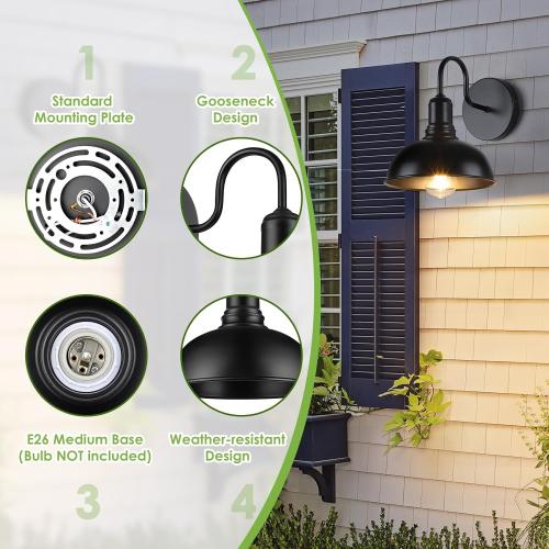 Outdoor Wall Sconce, 2 Pack Exterior Waterproof Farmhouse Gooseneck Barn Light Fixture, Black Garage Wall Lantern, Anti-Rust Front Porch Lamp