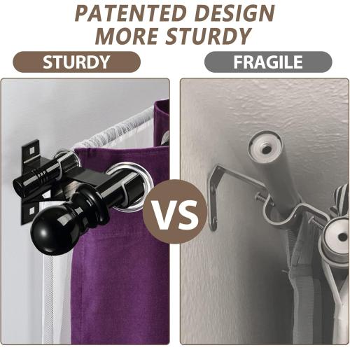 Heavy Duty 1 Inch Black Double Curtain Rod, Splicing Adjustable Design for Windows 66 to 120 Inches, with Snap-On Brackets & Decorative Finials for Sliding Doors & Living Room