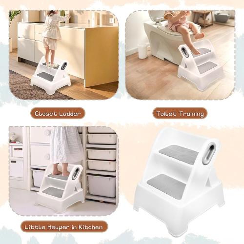 Color Grey Foldable Two Step Stool for Toddlers,Kids stools for Bathroom,Non-Slip with Handles Kids Step Stool for Bathroom Sink,Toilet Bedroom,Potty Training,Kitchen (Gray)