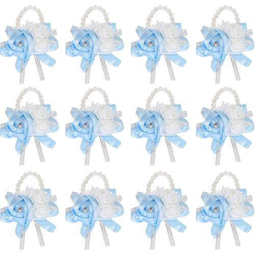 MECCANIXITY 12Pcs Wrist Corsage Artificial Flower Bracelets Rose Wrist Bride Groom Decorative for Wedding Ceremony Prom Party Anniversary Sky Blue