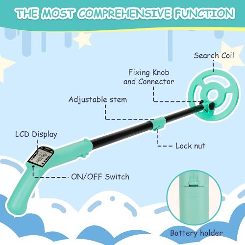 OMMO Kids Metal Detector, Adjustable 27.5-37.8 with LCD Display (Blue) | Lightweight Design with 6 Search Coil for Outdoor Exploration, Beach Treasure Hunting, Hiking Adventures and Birthday Gift