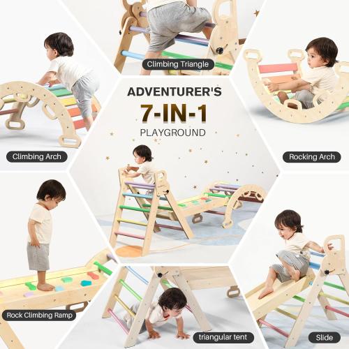 BlueWood Pikler Triangle Set 7in1 Foldable Baby Climbing Toys Wooden Montessori Climbing Set with Arch&Ramp&Ladder Baby Climber Indoor Jungle Gyms for Toddlers Montessori Toys - Rainbow