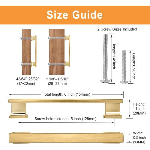 5 Pack Square Brushed Brass Cabinet Pulls, 5 Inch(128mm) Hole Centers Brushed Gold Cabinet Handles Hardware for Kitchen Cupboard Closet Bathroom Dresser Drawer, Solid Zinc Alloy