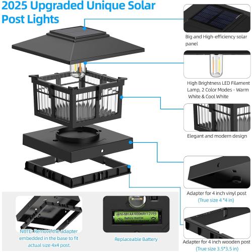 4x4 Solar Post Cap Lights, Classic Black, 8 Pack, Warm & Cool White | Fits 4x4 Wooden and Vinyl Posts,Fence Deck Post Lights,Edison-style bulb