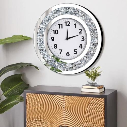 Size 16x16x12  Crystal Crushed Diamond Mirrored Round Wall Clock 16x16x2 inches for Wall Decoration Silver Glass Mirror Clock Sparkle Twinkle Bling Home Decor. AA Battery is not Included.