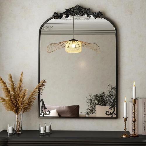 Black 36x 28 Arched Bathroom Mirror, Wall-Mounted Mirror with Carved Metal Frame & Bottom Art Carved, Vanity Mirror for Home Decor, Hanging Wall Mirror with Baroque Ornate Carved Accents, Vintage Black