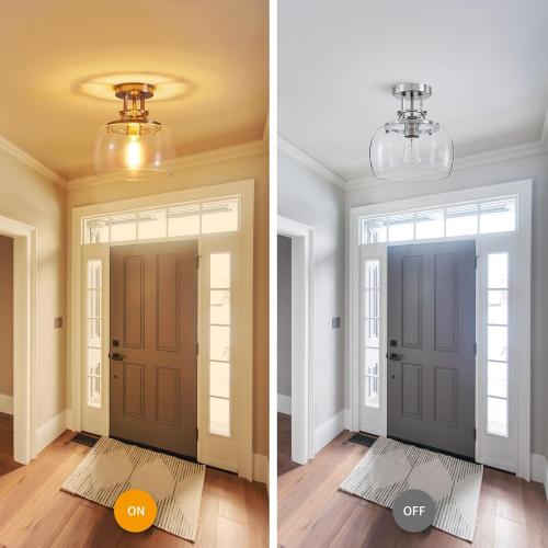 WUZUPS Chandelier Rustic Farmhouse Industrial Round Semi-flushmount Ceiling LED Light Fixture with Clear Glass Shades for Bathroom Kitchen Foyer Entryway, H 10 x W 10, E26 Base, Brushed Nickel