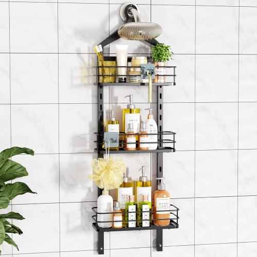 ODesign 3 Tier Height-Adjustable Shower Caddy Hanging Hanger Anti-Swing-Over The Shower Head Caddy-Shower Storage Organizer Bathroom Shelves Basket Shower Caddies-Black,11.9 x 4.84 x 36.2