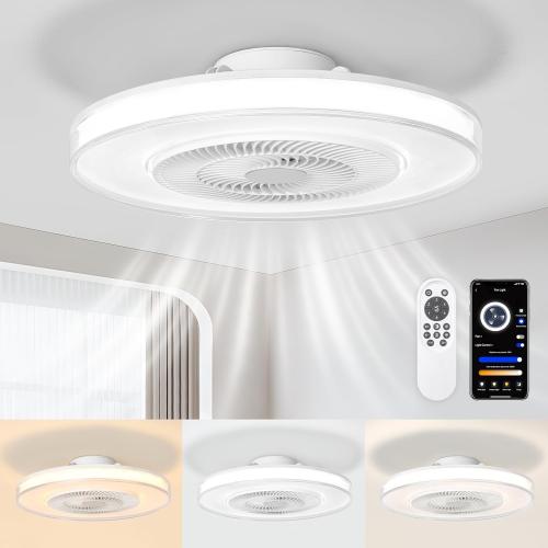 Size 20 Color White Ceiling Fan with Light and Remote, Modern Low Profile,Stepless Color Temperature and Brightness Adjustable and 6 Wind Speeds for Bedroom, Kids Room, Living Room and Study Room (White)