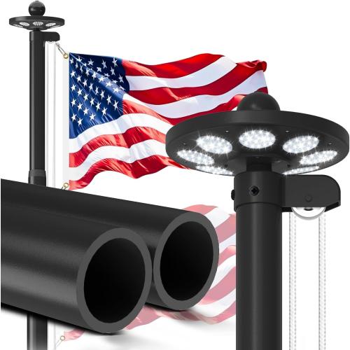 Upgraded 10 Gauge 20FT Heavy Duty Flag Pole Kit with 136 LED Solar Light, Extra Thick Flagpole for Outside House in Ground, Bottom 3 mm Thick & Width 3.35 in, 120MPH Wind Rated