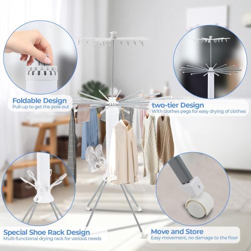 Size 3 Tier Portable Clothes Drying Rackwith 4 Pulleys,Indoor and Outdoor Collapsible Rack Clothing with Shoe Drying Rack for Space Saving
