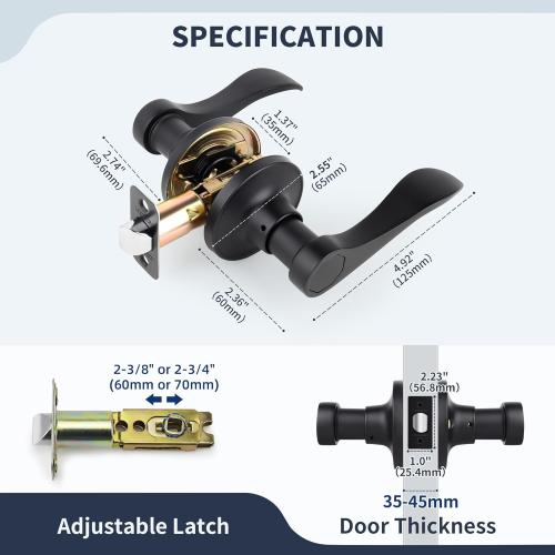 Wave Style Door Lever Passage Door Handle, Keyless Interior Lever Reversible for Left/Right Handed for Hallway and Closet with Matte Black Finish, 1 Pack