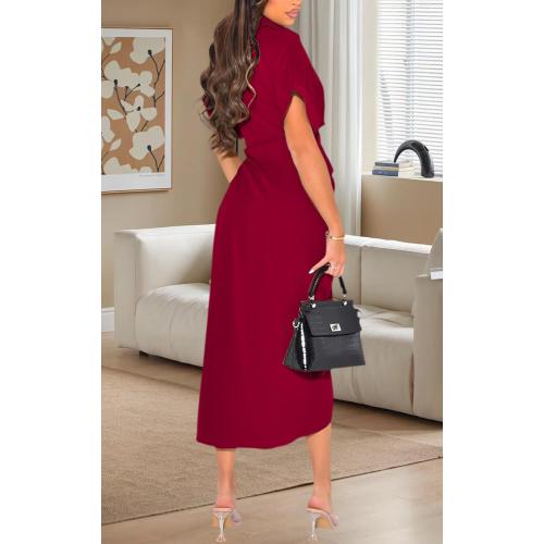 Size L YouSexy Women's Casual Satin Button Down Shirt Dress Short Sleeve Ruched Maxi Dresses with Belt