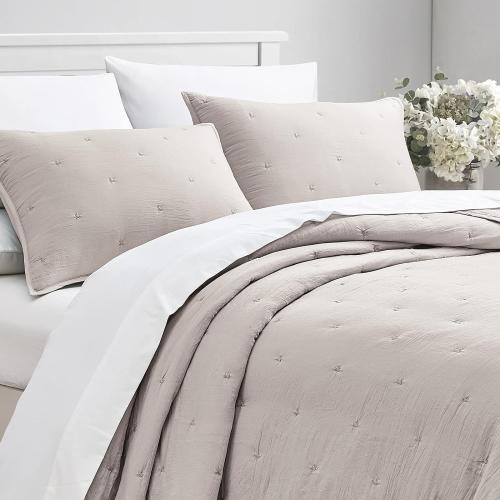 Embroidery Quilt   Quilt Set Pre-Washed Microfiber Ultra Soft Lightweight Star Embroidery Bedspread Coverlet Beige