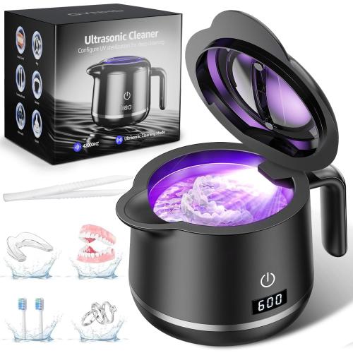 Dental Ultrasonic Retainer Cleaner Machine: Dental Cleaning Pod for Denture/Mouth Guard/Aligner/Night Guard/Braces/Toothbrush Heads/Jewelry - 45kHz Retainer Cleaner with Digital Timer & 200ML