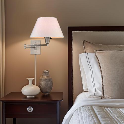 Modern Swing Arm Wall Sconce   3-Way Switch, 2-Pack | White Empire Fabric Shade, 2-in-1 Plug In or Hardwired Bedroom Wall Lamp, Satin Nickel Finish