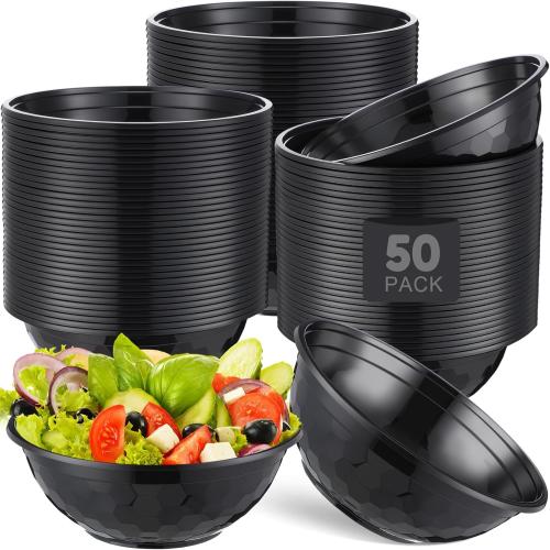 21Pack 32oz Black Disposable Plastic Bowls Plastic Salad Bowls Large Stackable Serving Soup Dinnerware for Birthdays, Weddings, Parties, Festivals