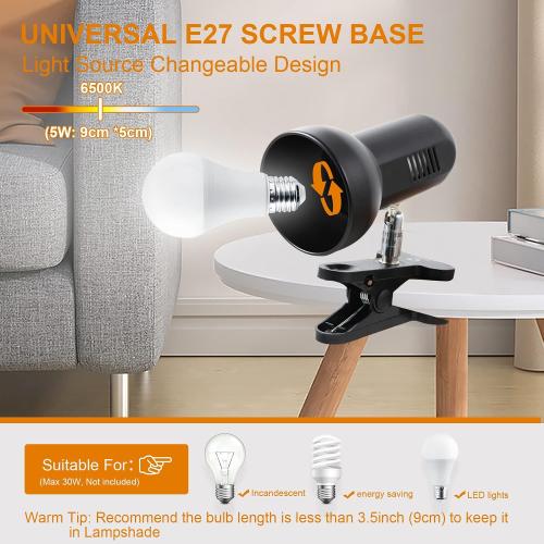 RONG&LAN LED Metal Clip On Light Clip on Lamp for Desk, 360° Adjustable Clamp Reading Light for Bed, Eye-Friendly Book Night Light for Desk Bed Table Dorm Room Bedroom Office Reading SUN-86 Black