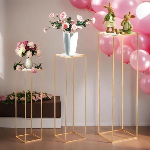 3pcs Gold Metal Plant Stand, Cylinder Pedestal Stands for Parties, Metal Plant Columns Pedestal Stands for Display, Square Cylinder Columns tables for Weddings Cake Stand Floor Plant Tables