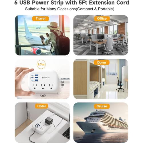 6 USB(3 USB C) Power Strip- Travel Power Strip with 6 USB Desktop Charging Station 24W/4.8A and 3 Outlets, 5Ft Flat Plug Braided Extension Cord, Non Surge Protector for Cruise Ship Travel Office Dorm