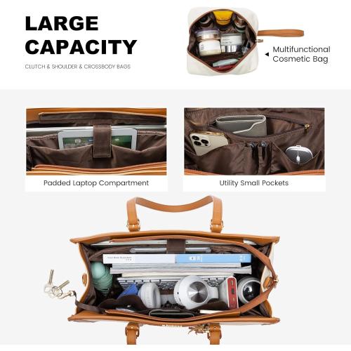 LOVEVOOK Laptop Bag for Women - 15.6 inch Lightweight Canvas Laptop Tote, Large Capacity Computer Bag with Clutch Purse for Business, Work, Travel, School, Casual Beige