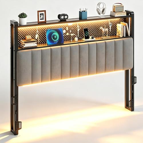 VINGLI Full Size Headboard Only, Upholstered Head Board with 2 Tier Shelves and Pegboard with Charging Stations and LED Lights, Modern Bed Headboard with Storage for Bedroom Decor, Linen Gray