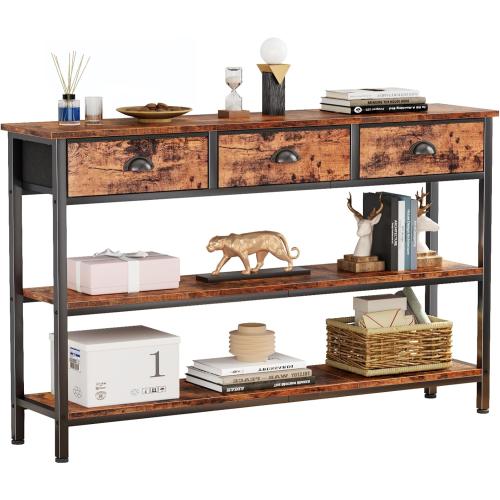 Furologee Long 47 Console Sofa Table with 3 Drawers, Entryway Table with 3-Tier Storage Shelves, Industrial Display Shelf for Entry Way, Hallway, Couch, Living Room, Kitchen, Foyer, Rustic Brown