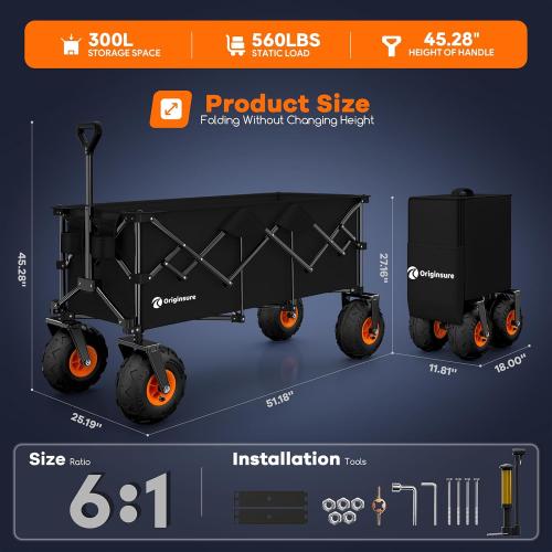 48L Collapsible Beach Wagon with Big 10 Balloon Wheels for Sand, 560lbs Weight Capacity 300L Wagons Carts Foldable Heavy Duty with All Terrain Tires, Folding Cart for Camping, Grocery, Sport - Black